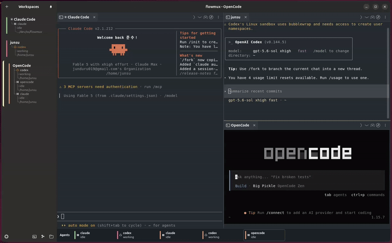 Flowmux routing an AI agent notification to the correct workspace