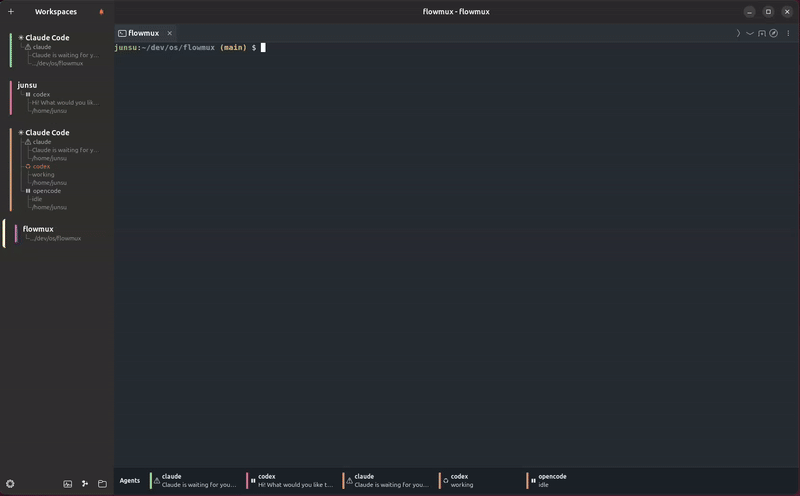 Flowmux showing file and Git worktree sidebars beside a terminal