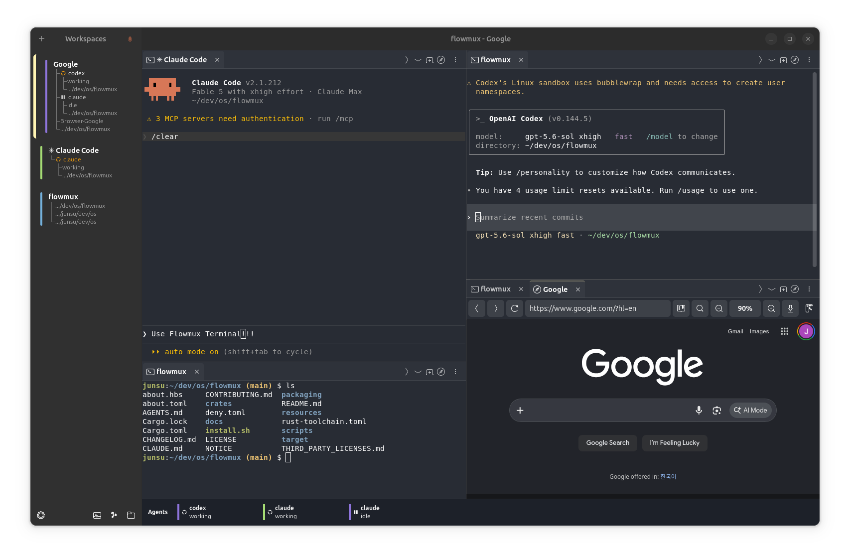 Flowmux workspace with Claude Code, Codex, OpenCode, and a browser arranged in split panes